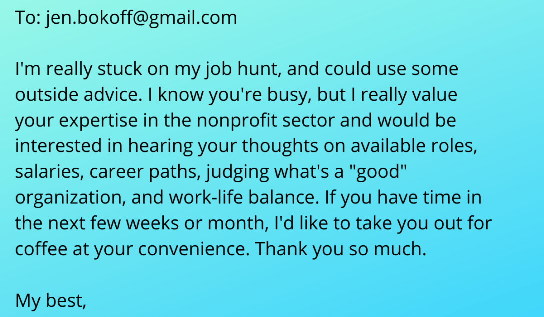 Text from an email asking for job hunt advice